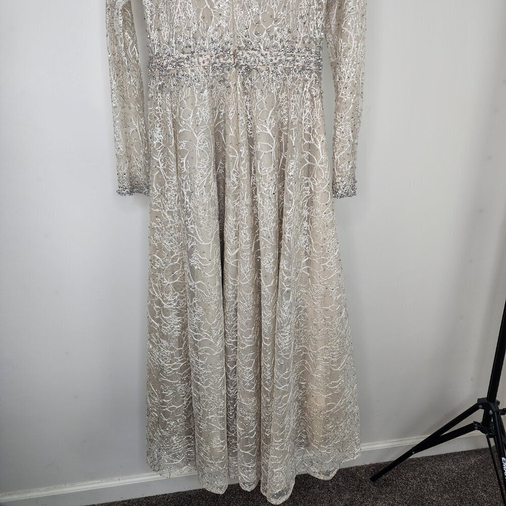 NWT Mac Duggal Embellished Wrap Over Long Sleeve Midi Dress Taupe Size 6 - Picture 11 of 14